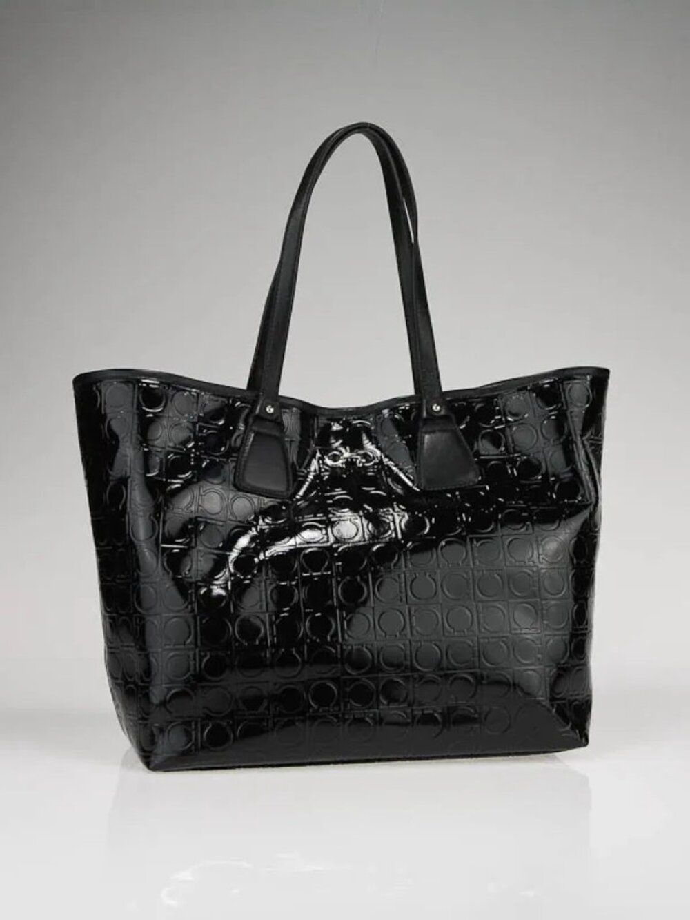 SALVATORE FERRAGAMO Black Coated Canvas Odette Gancio Tote Bag